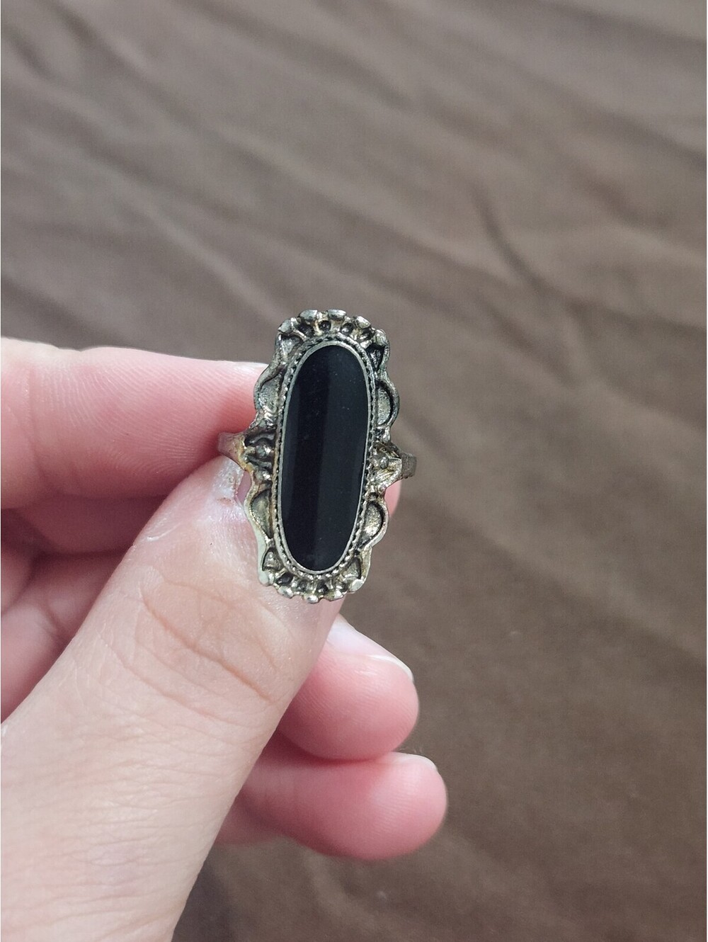 Vintage Style Silver Tone Ring with Black Oval Stone